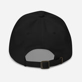 back view of a black adjustable corner cap jnjdjdnbjnddbnksckn with an adjustable strap.
