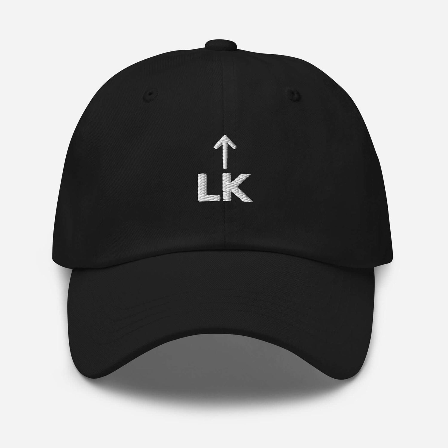 Corner cap jnjdjdnbjnddbnksckn featuring flat LK embroidery on a black six-panel design.