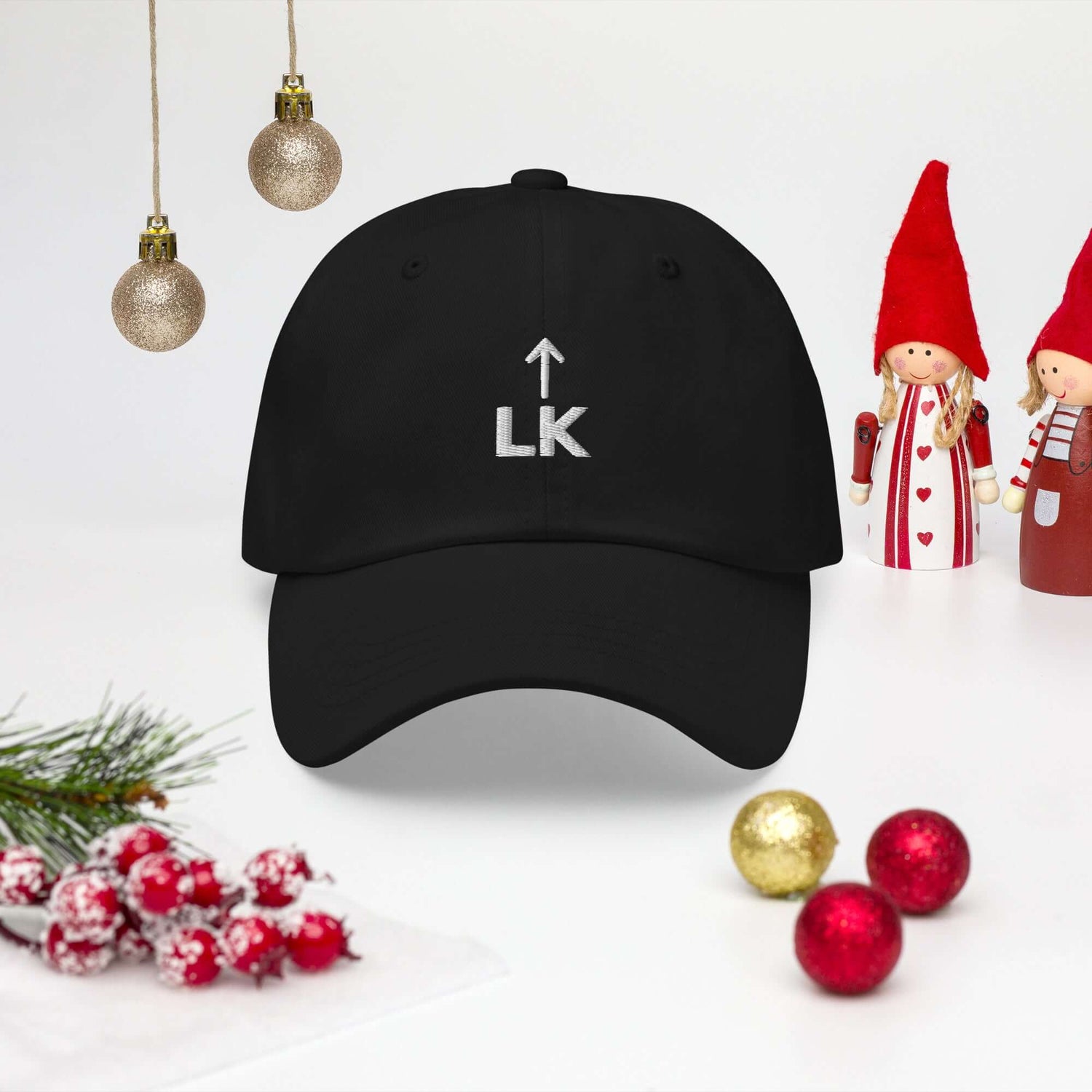 corner cap jnjdjdnbjnddbnksckn featuring LK embroidery, displayed with festive decorations and ornaments.