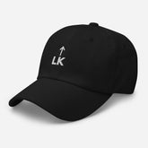corner cap jnjdjdnbjnddbnksckn black hat with LK and upward arrow embroidery, adjustable strap back, structured front.